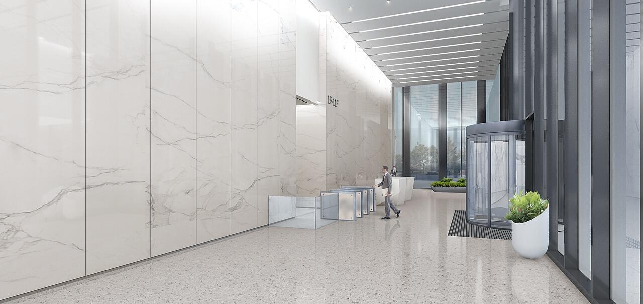 A quiet commercial corridor lined with glass doors